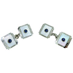 Antique Art Deco Sapphire and Mother of Pearl Cufflinks, White Gold, circa 1920s