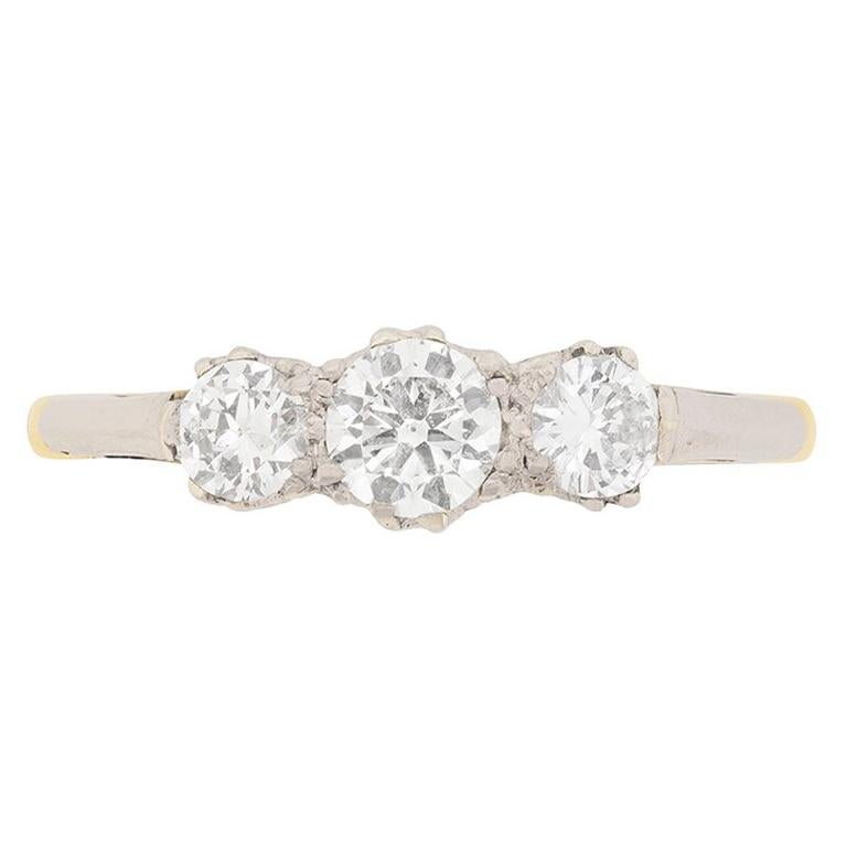 0.65 Carat Three-Stone Transitional Cut Diamond Engagement Ring, circa 1940s For Sale