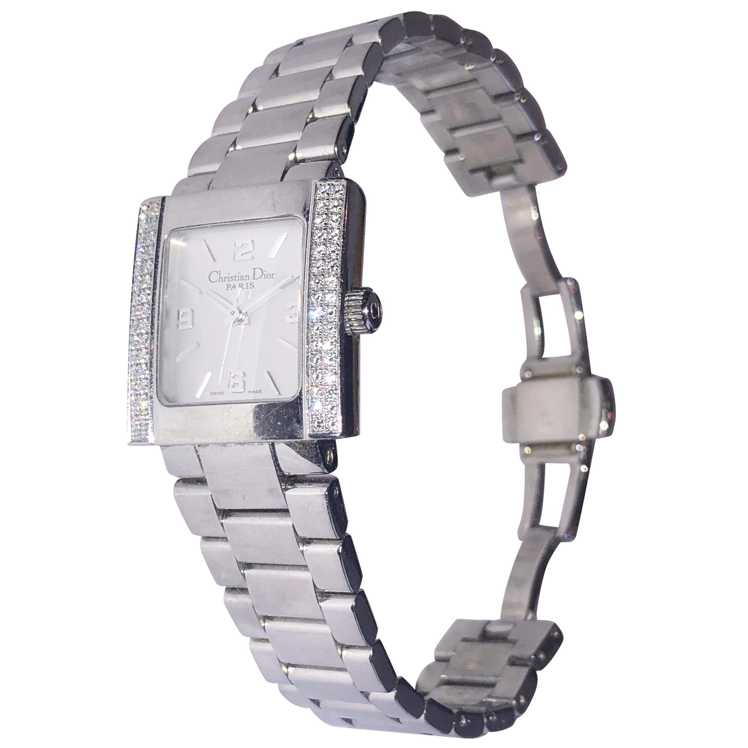 Christian Dior Riva 64 Diamonds Stainless Steel Watch Montre Riva Diamants Acier For Sale