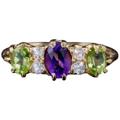 Antique Amethyst Peridot Diamond Suffragette Ring 18 Carat Gold Victorian