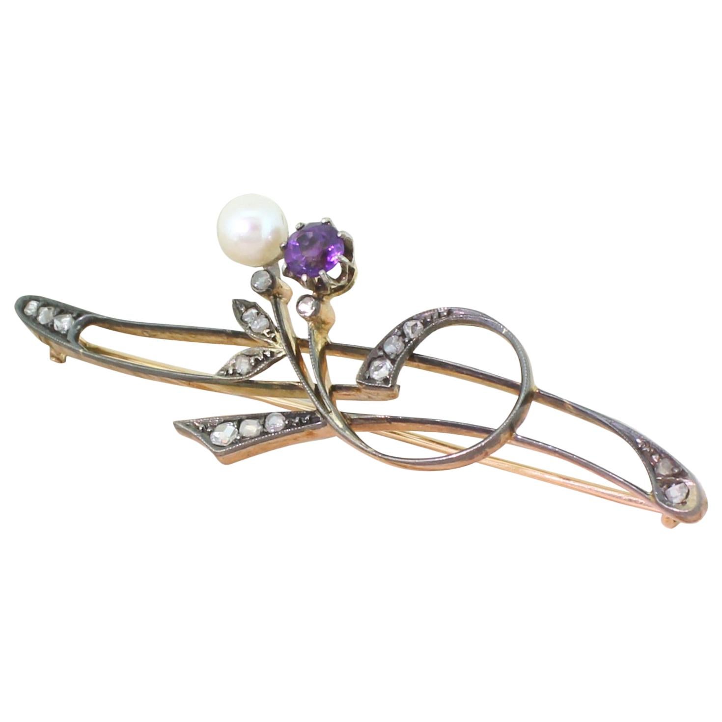 Art Nouveau Pearl, Amethyst and Rose Cut Diamond Pin Brooch