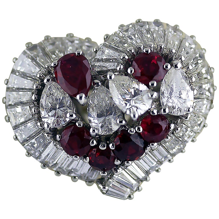 Natural Untreated Ruby Diamond Heart Cluster Ring, 1975 1