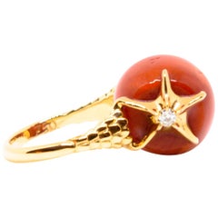 Red Coral and Diamonds Starfishes 18K Gold Ring by Frederique Berman