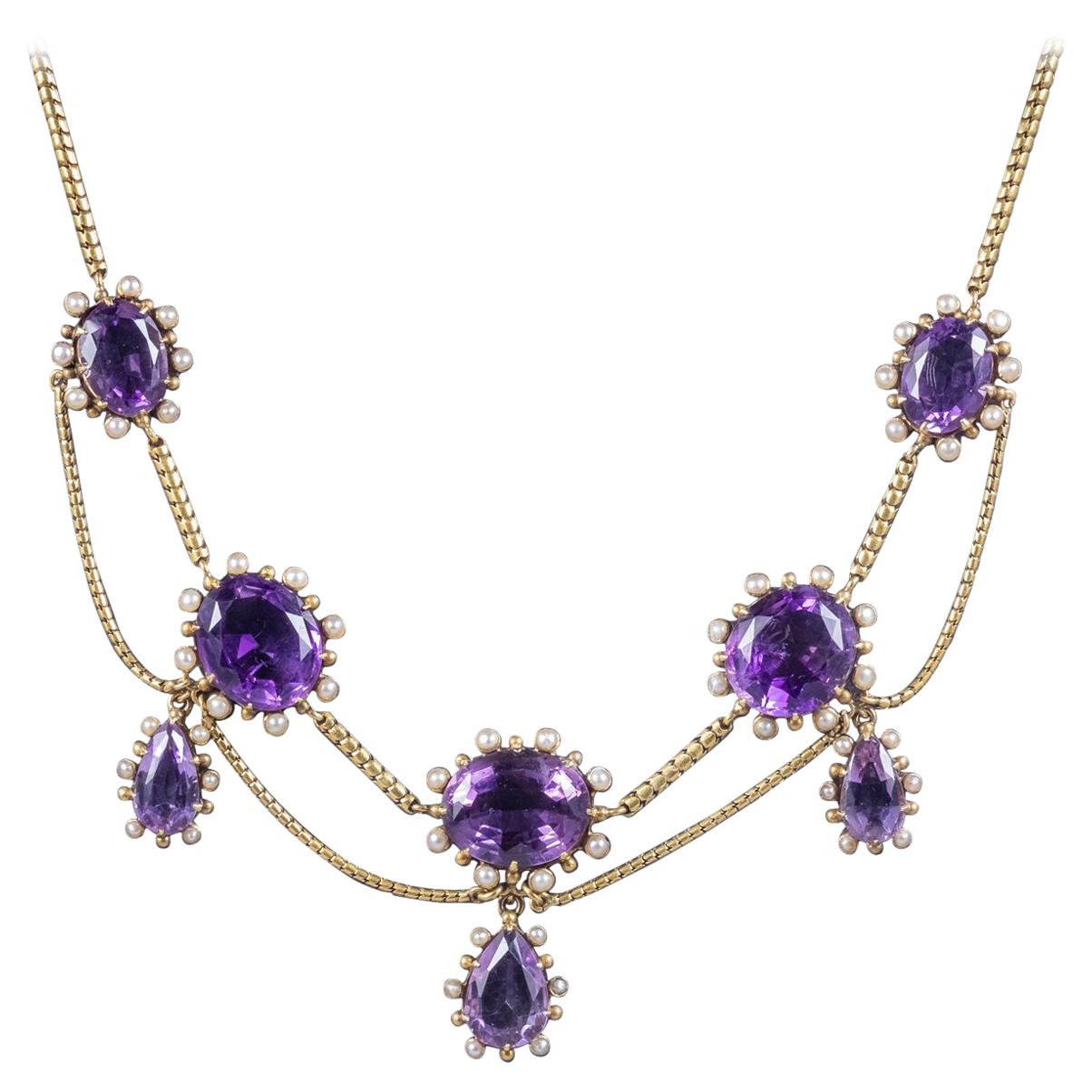 Antique Victorian Amethyst Pearl 18 Carat Gold, circa 1860 Garland Necklace For Sale