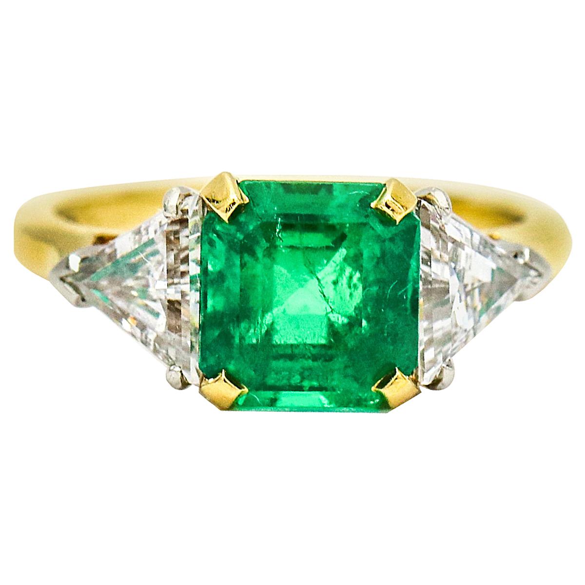 3.45 Carat 18 Karat Gold Platinum Emerald Diamond Three-Stone Ring For Sale