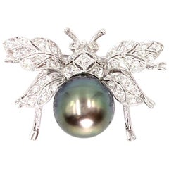 18 Karat White Gold Diamond and Tahitian Pearl Bee Brooch