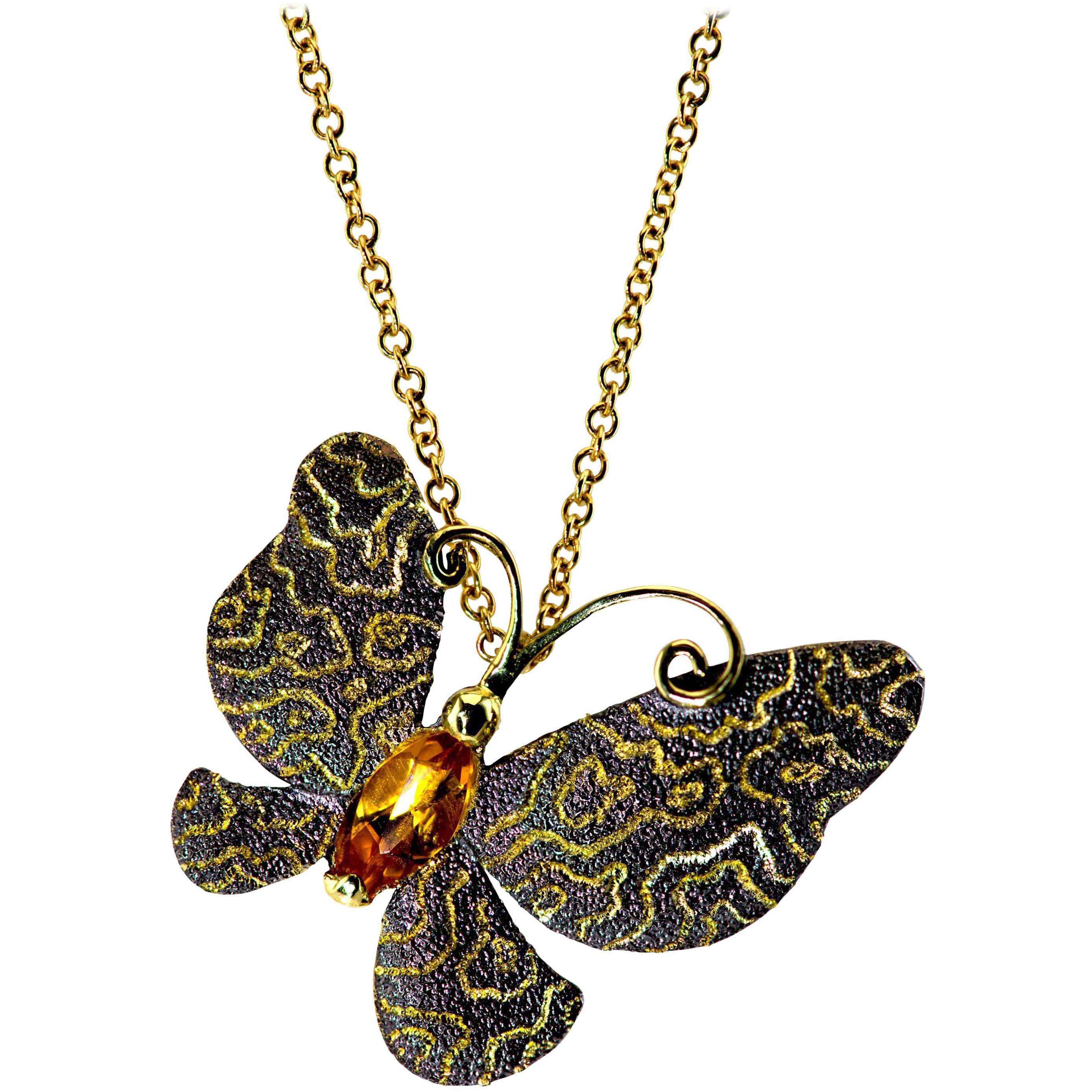 Citrine Gold Butterfly Hand-Textured Pendant Necklace Pin on Chain im Angebot