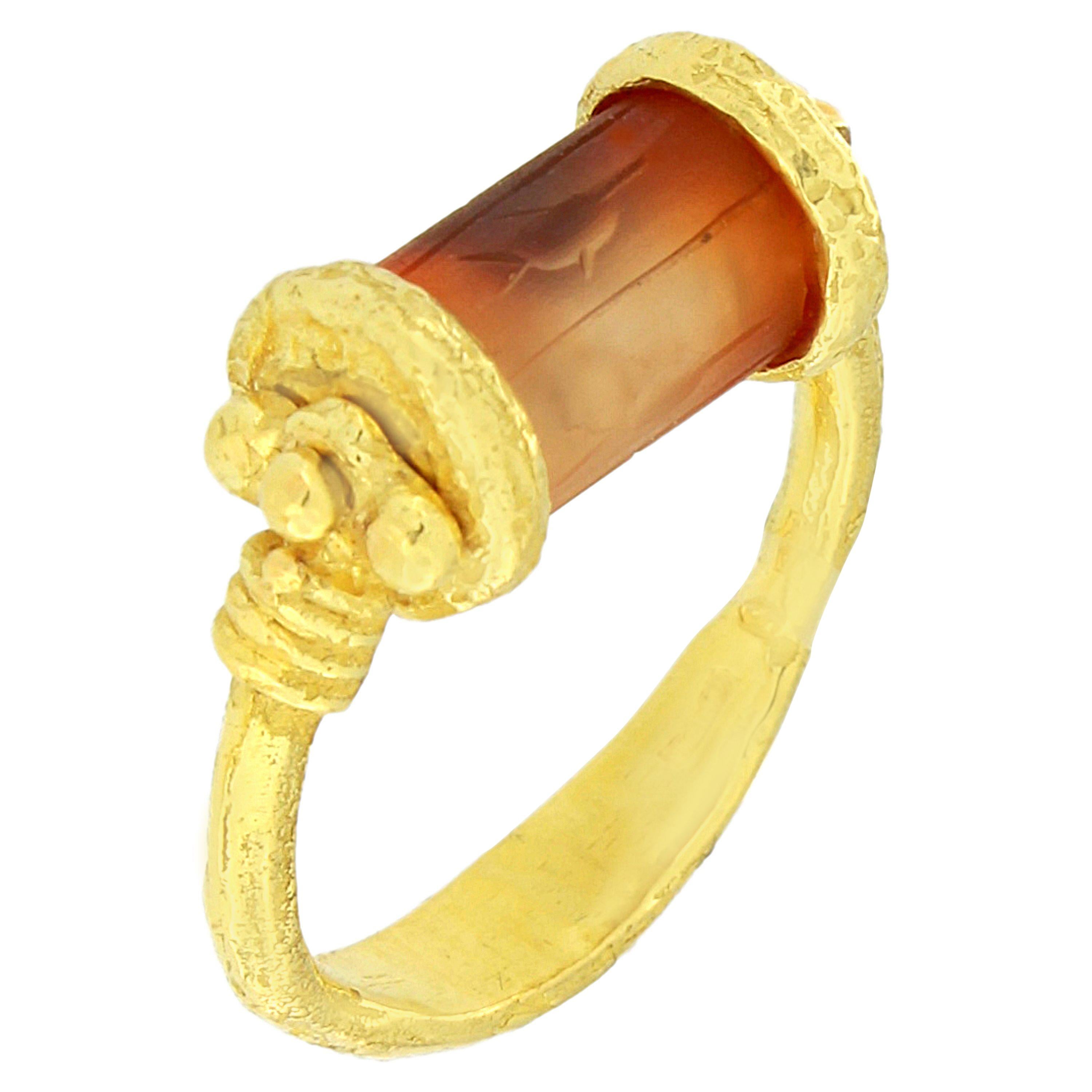Sacchi Engraved Carnelian Cylinder Seal Ring 18 Karat Satin Yellow Gold For Sale