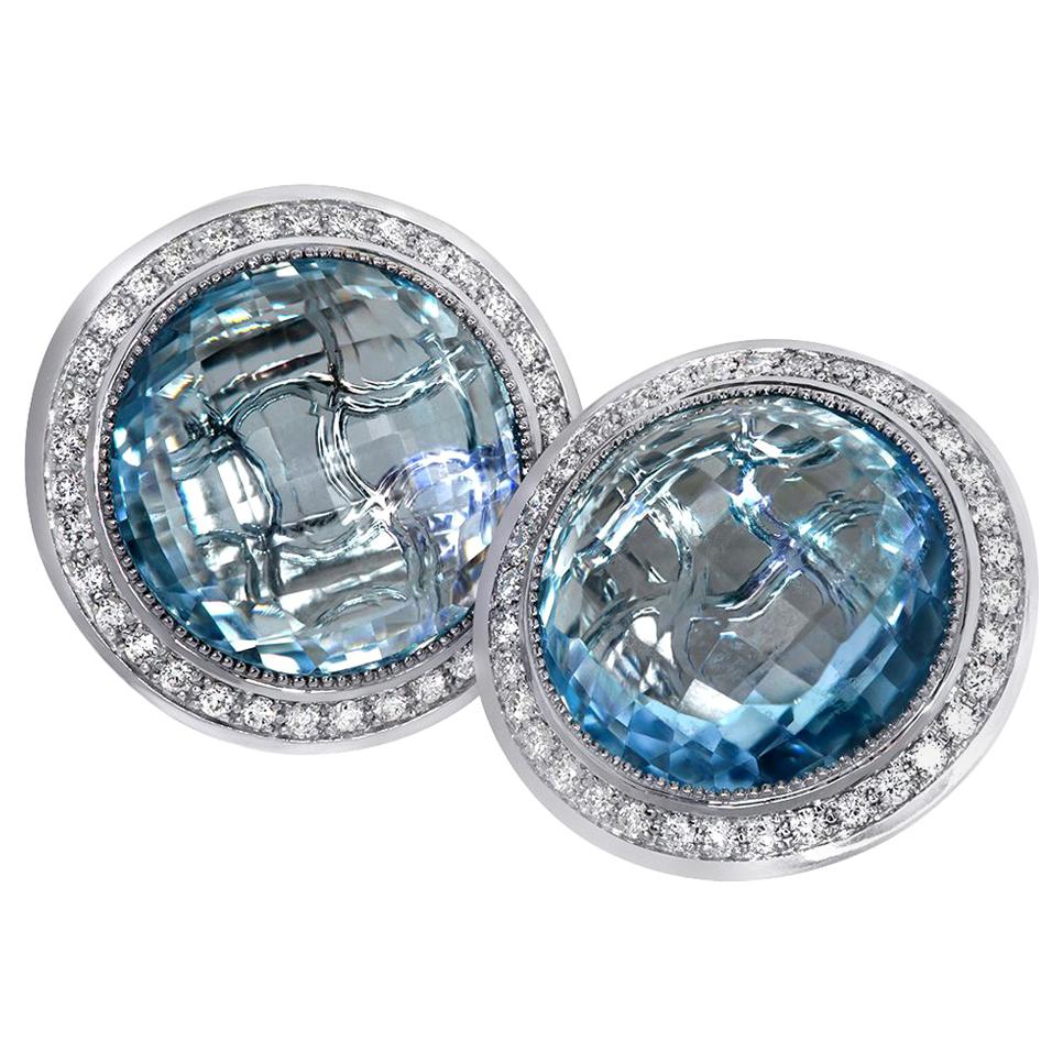 Alex Soldier Blue Topaz Diamond Gold Stud Earrings Cufflinks One of a Kind For Sale