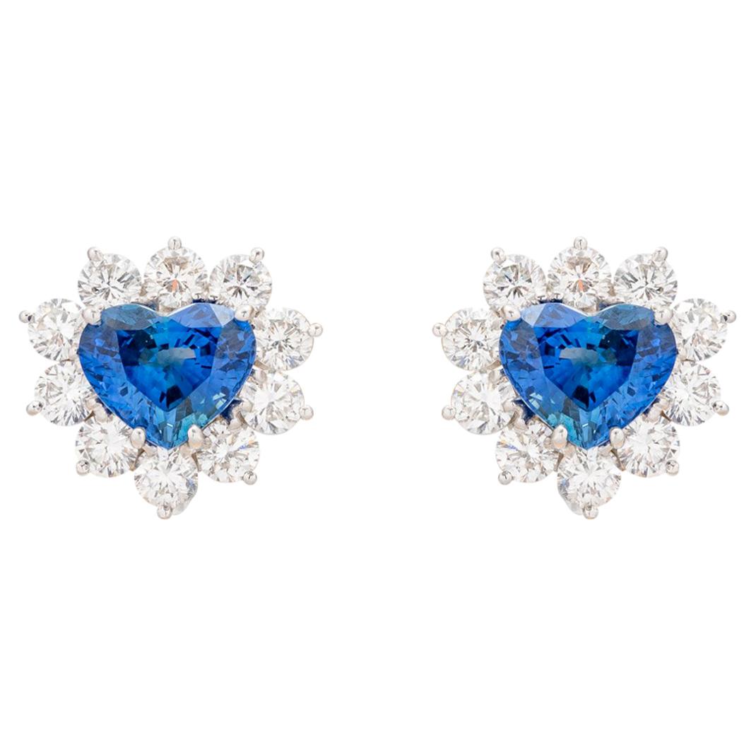 4.91 Carat Heart Shaped Sapphire Diamond Earrings For Sale