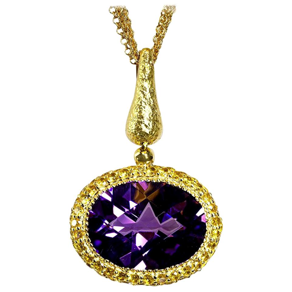 Amethyst Sapphire Gold Pendant Necklace on Chain For Sale