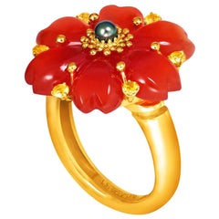Alex Soldier Hand Carved Carnelian Sapphire Pearl Gold Blossom Ring