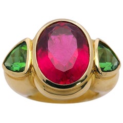 Retro Cellini Jewelers 18KT Gold, 7.27Ct. Rubellite and 2.38Ct. Green Tourmaline Ring