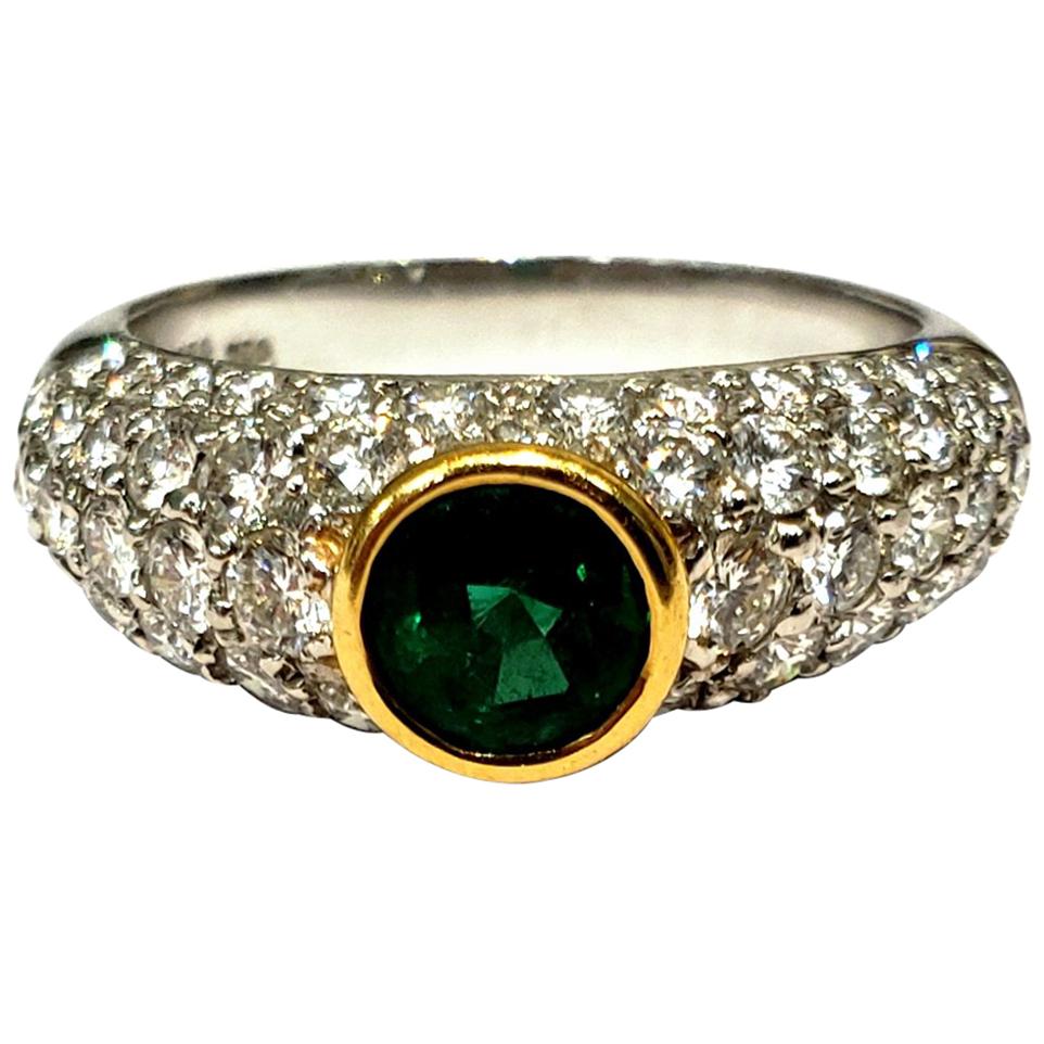 Handmade Platinum, 18 Karat, Diamond and Emerald Domed Ring For Sale