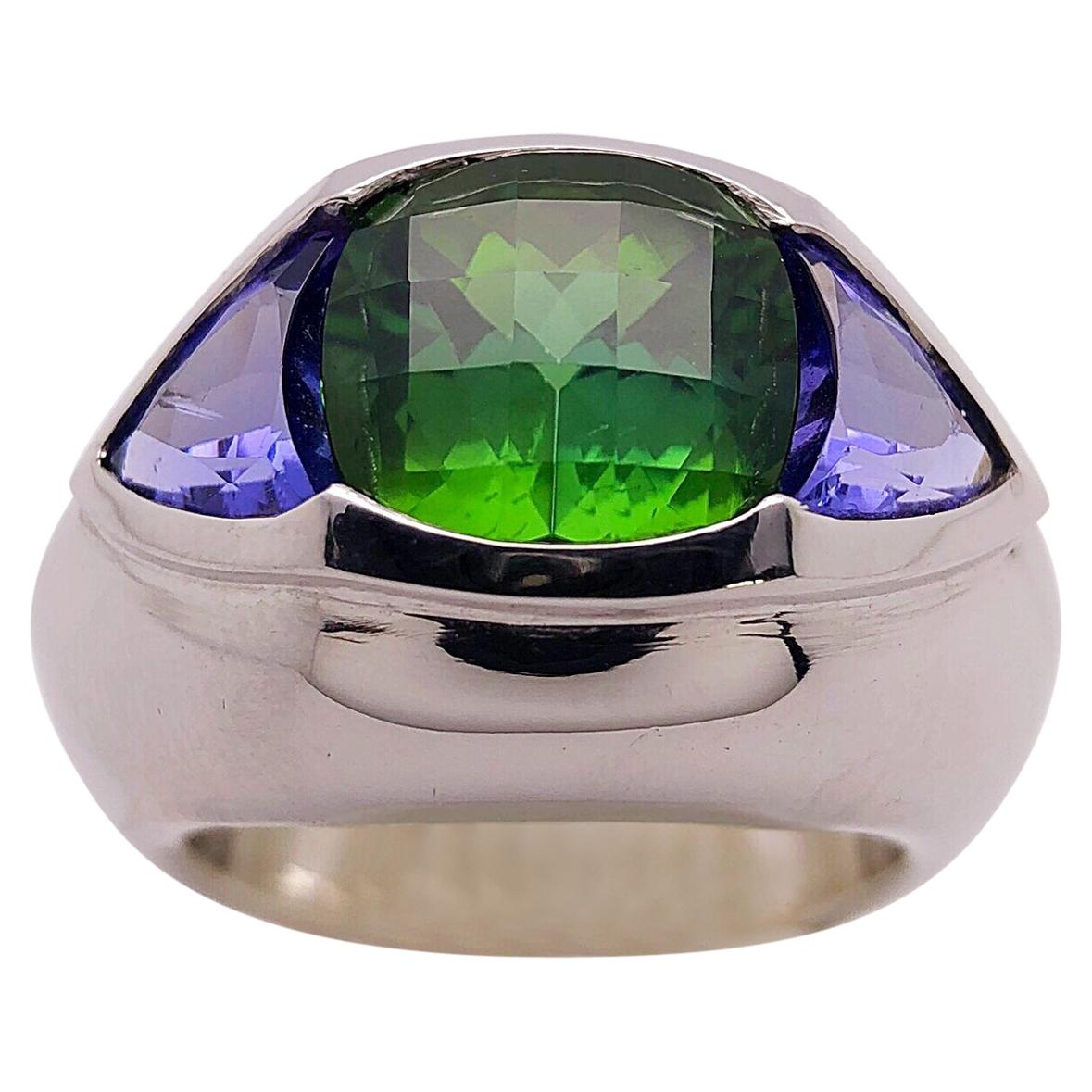 Cellini Jewelers 18KT Gold 4.77Ct. Chrome Tourmaline & 2.12Ct. Tanzanite Ring For Sale