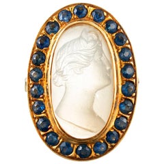 Vintage Mystical Moonstone Cameo Ring with Sapphire Frame