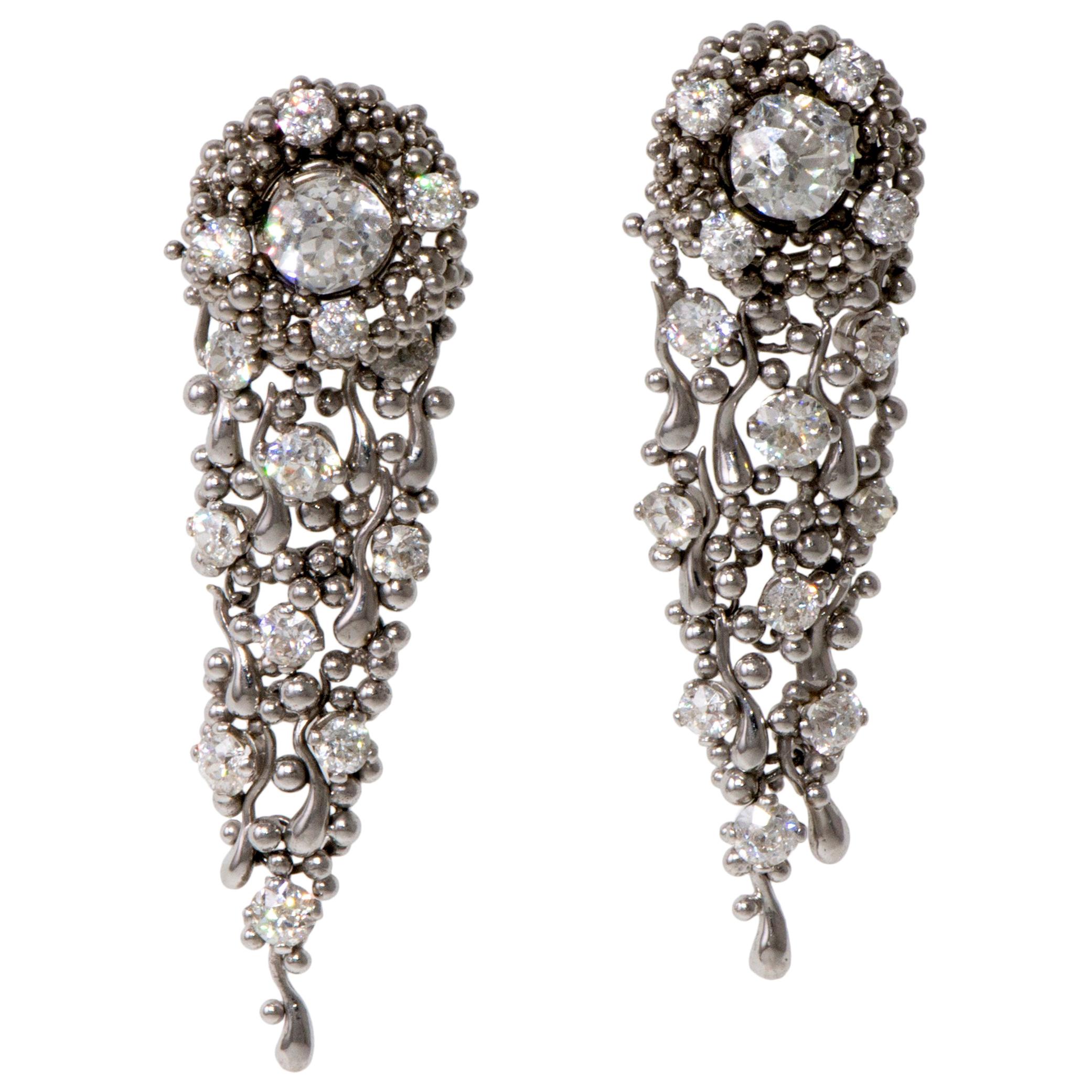 1970s Charles de Temple Diamond and Platinum Long Day or Night Earrings