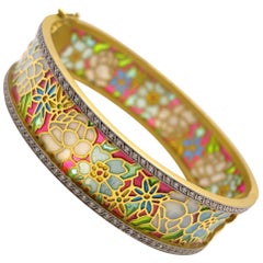 Vintage Masriera 18KT Gold & Plique-a-Jour Enamel Bangle Bracelet with .94Ct. Diamonds