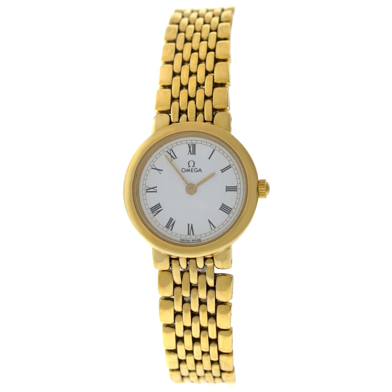 Authentic Ladies Omega Deville 18 Karat Yellow Gold Plated SS Quartz Watch For Sale
