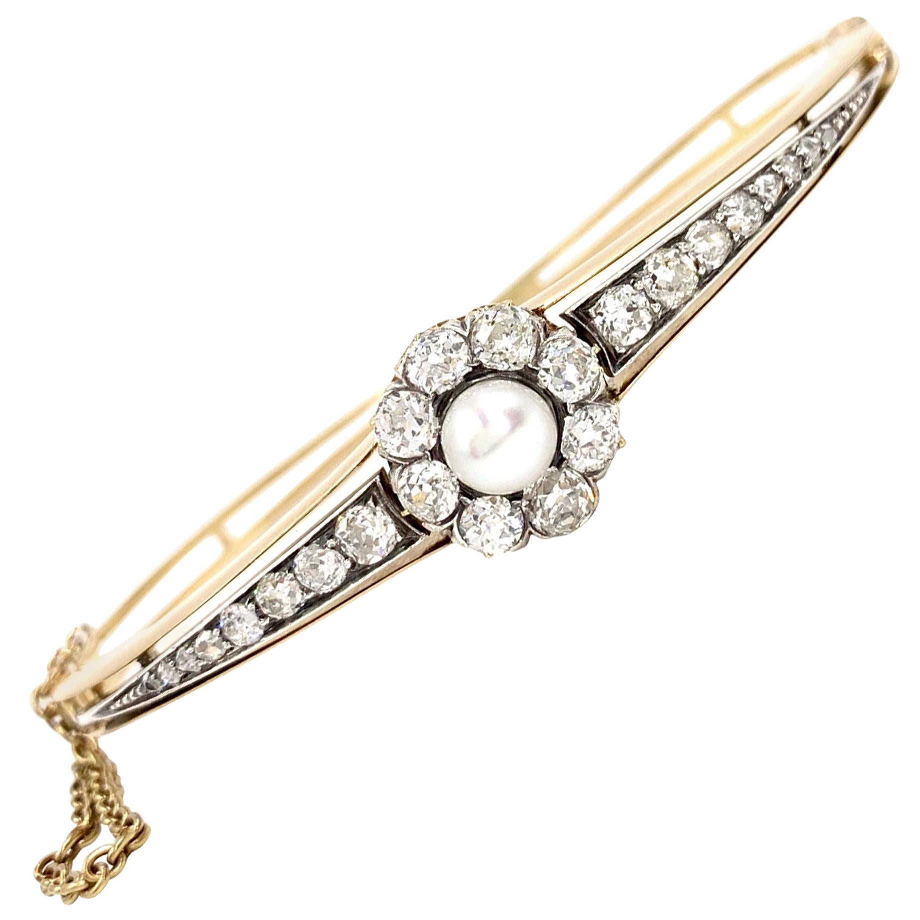 1920s Yellow Gold and Old European Diamond Pearl Bangle Bracelet