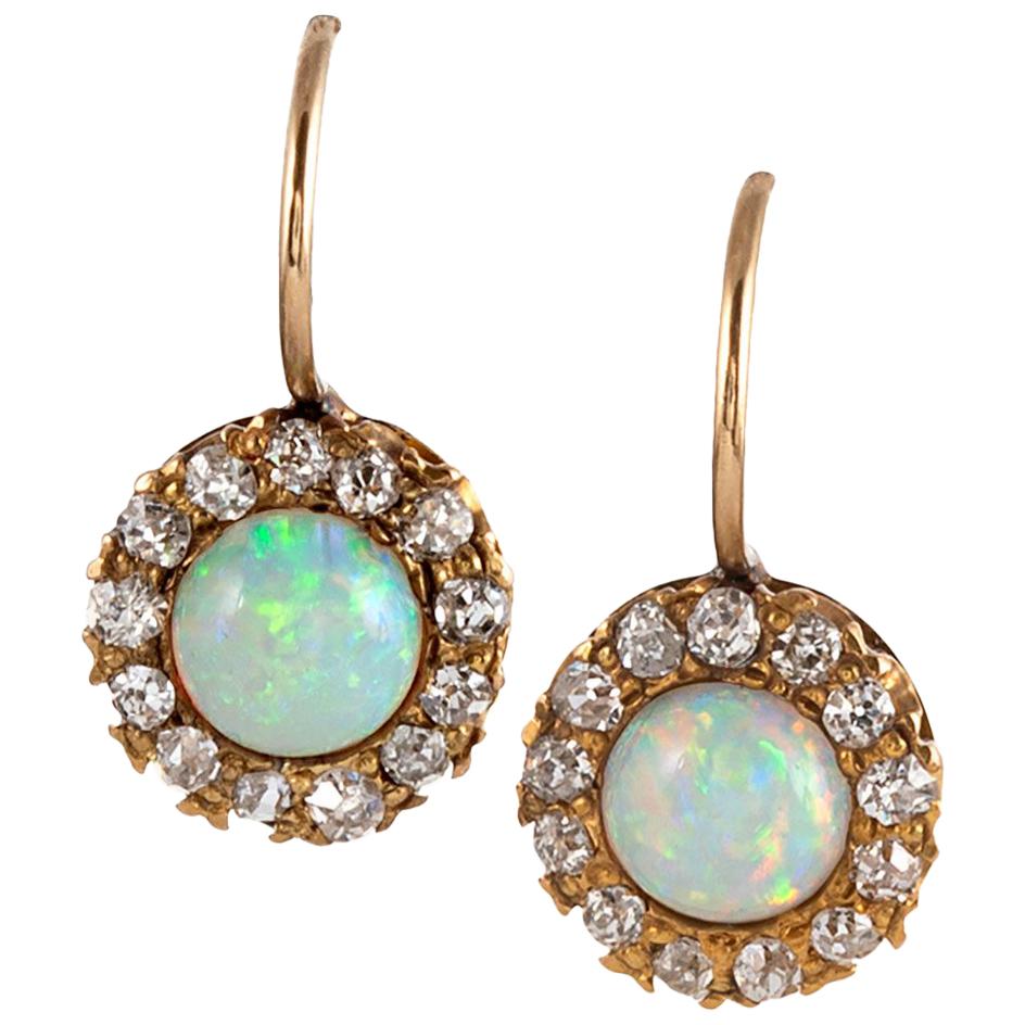 Antique Opal and Diamond Cluster Earrings