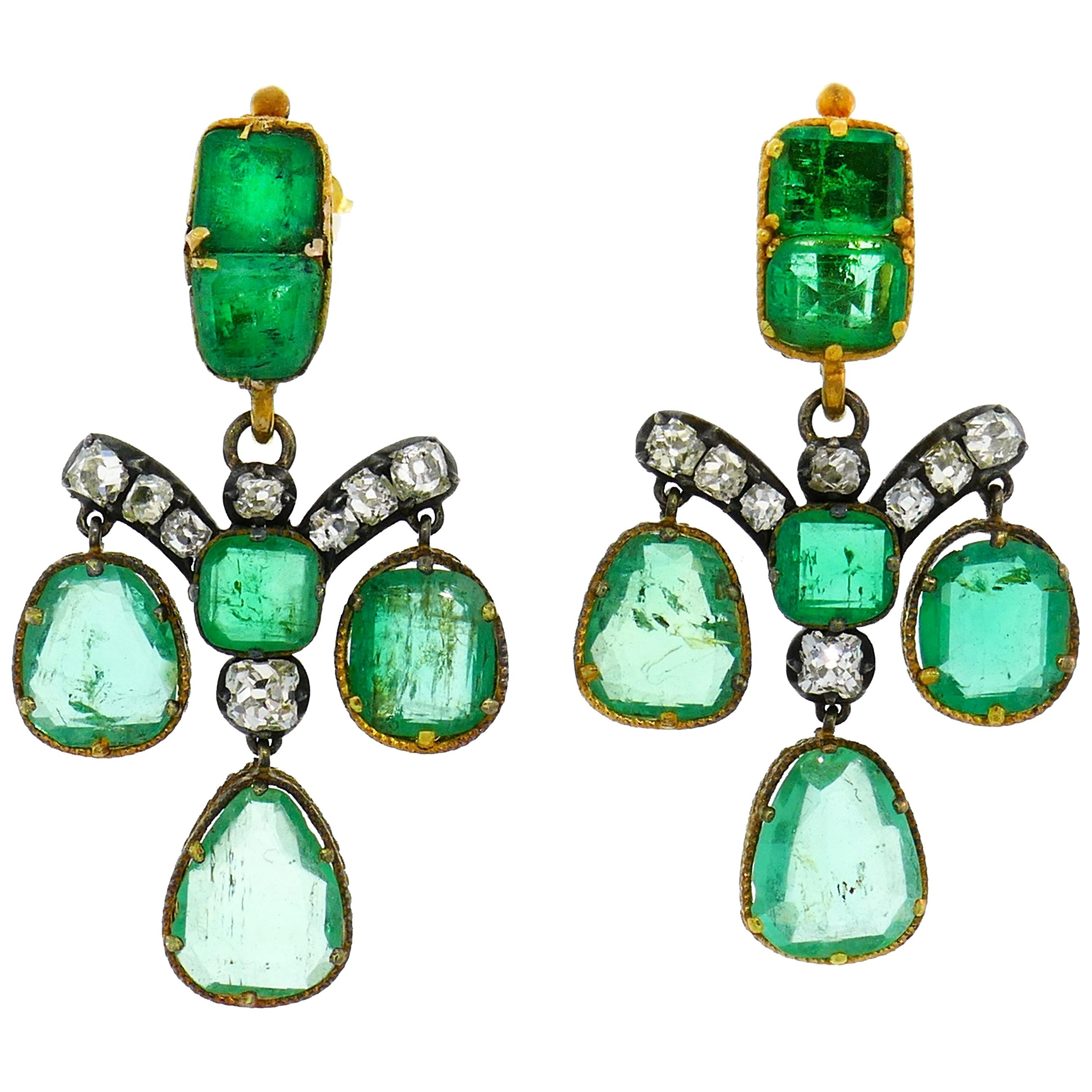 Emerald Diamond Gold Chandelier Earrings, Victorian