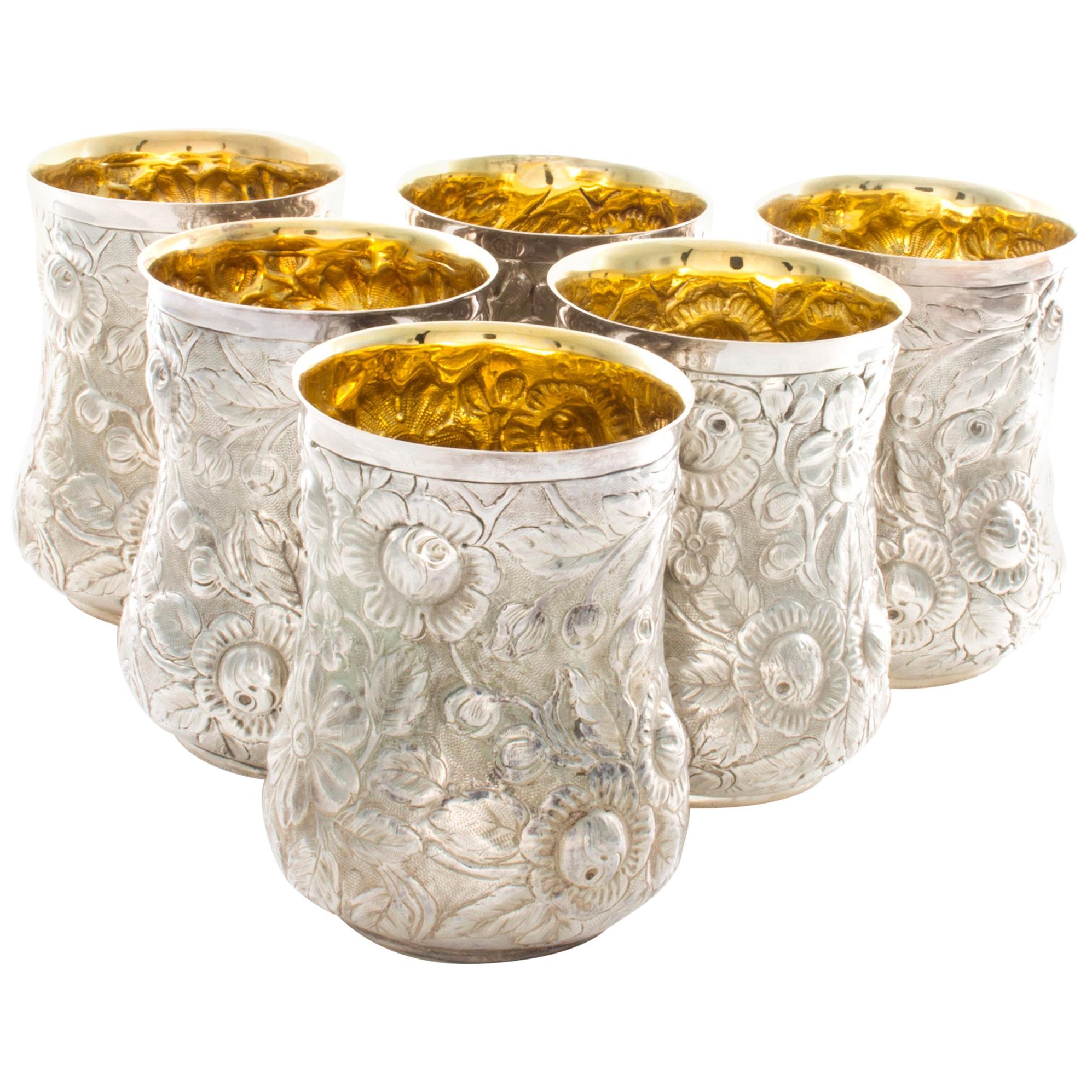 Galmer Sterling Mint Juleps in a Repouss�é Pattern "Flowers" with a Gold Wash For Sale