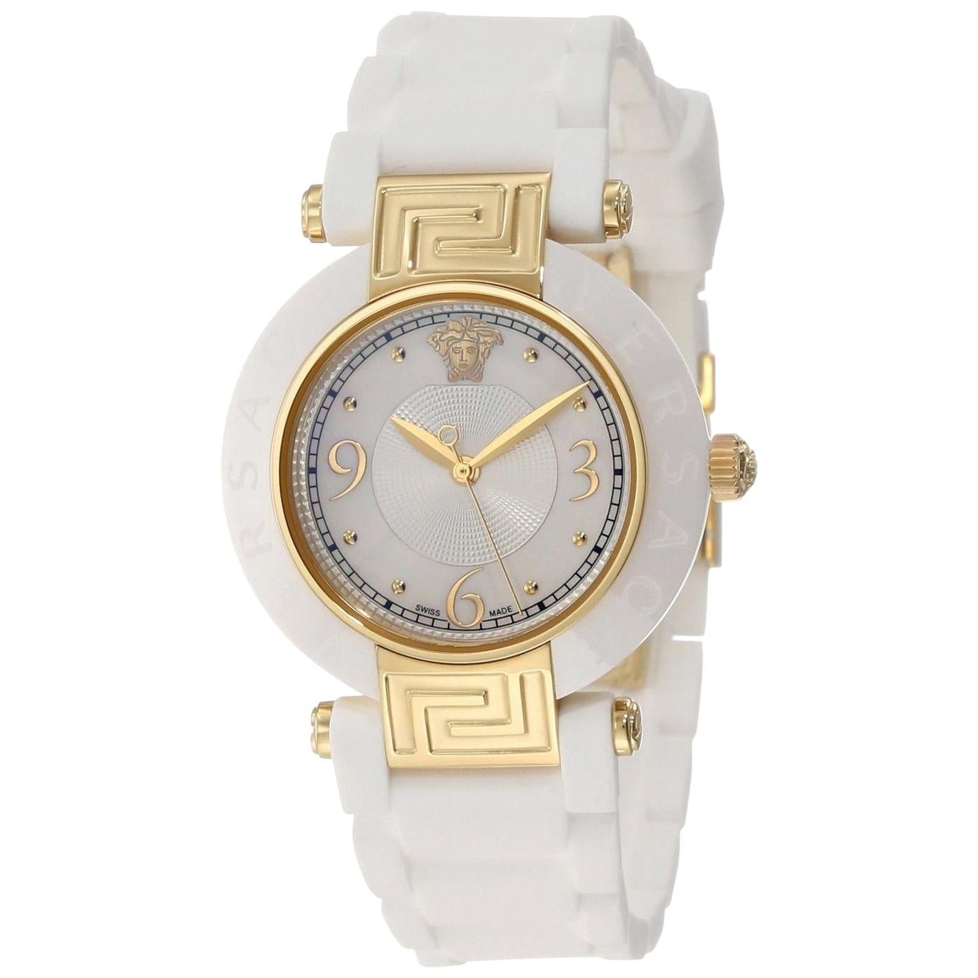 New Versace Reve Ceramic Quartz Gold Tone Steel Mother of Pearl Watch For Sale
