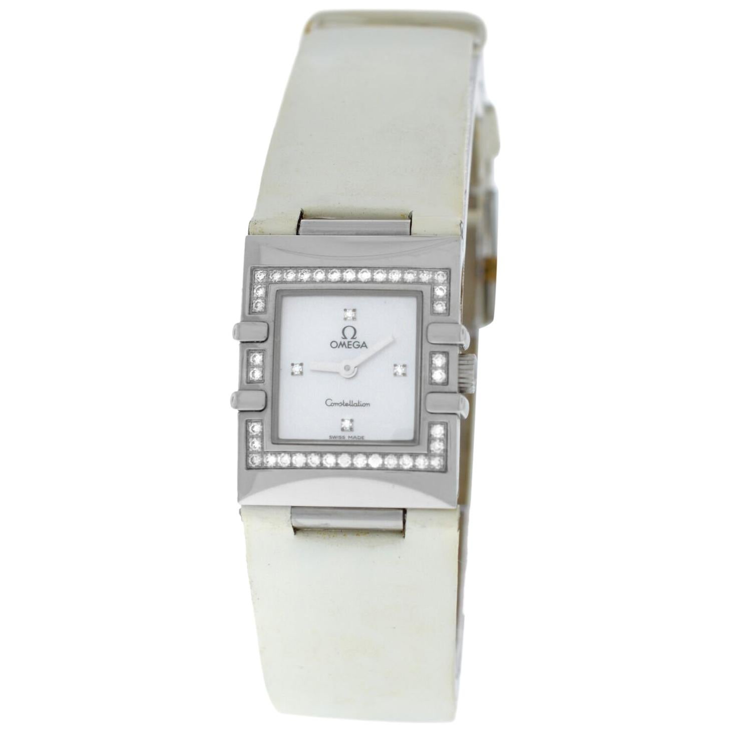 Authentic Ladies Omega Constellation Quadra Quartz Mother of Pearl Diamond Watch For Sale