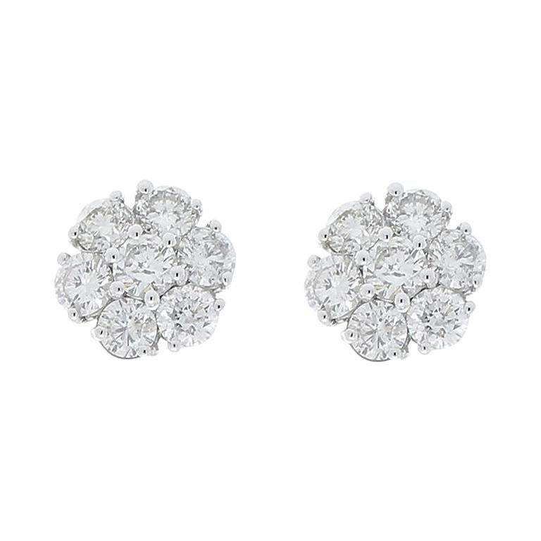 2.85 Carat Total Cluster Diamond Stud Earrings in 14 Karat White Gold