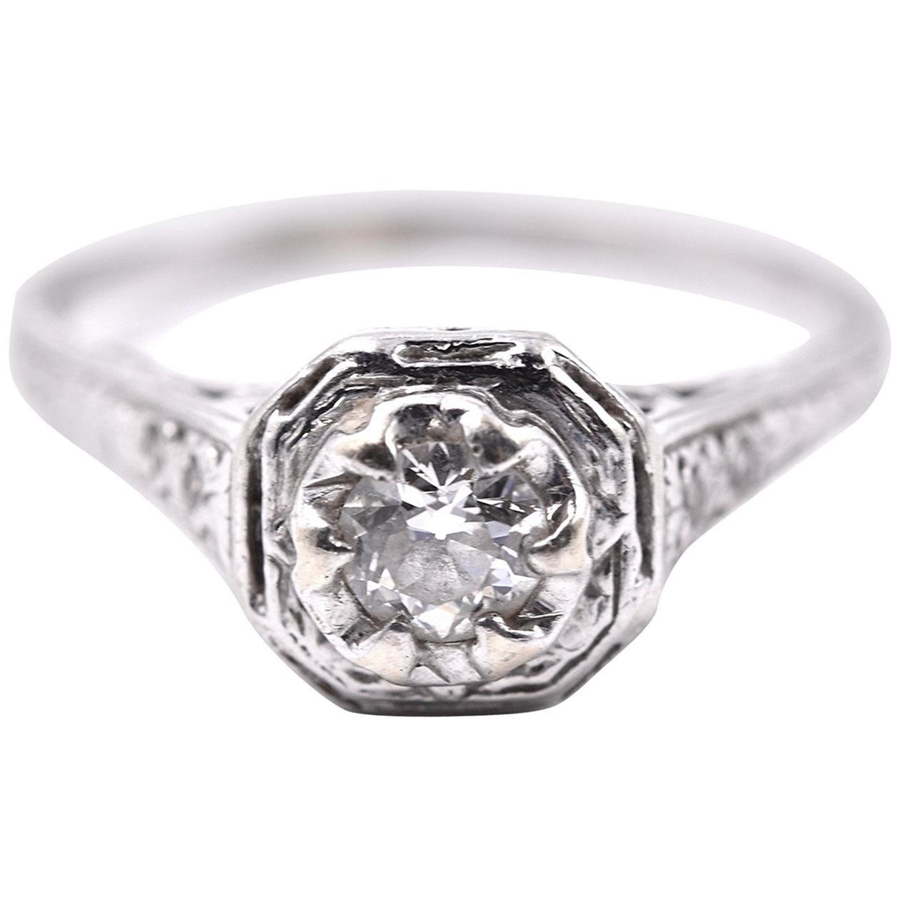 14 Karat White Gold Art Deco Style Diamond Engagement Ring