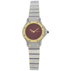 Ladies Cartier Santos Octagon 18 Karat Yellow Gold Automatic Burgundy Watch