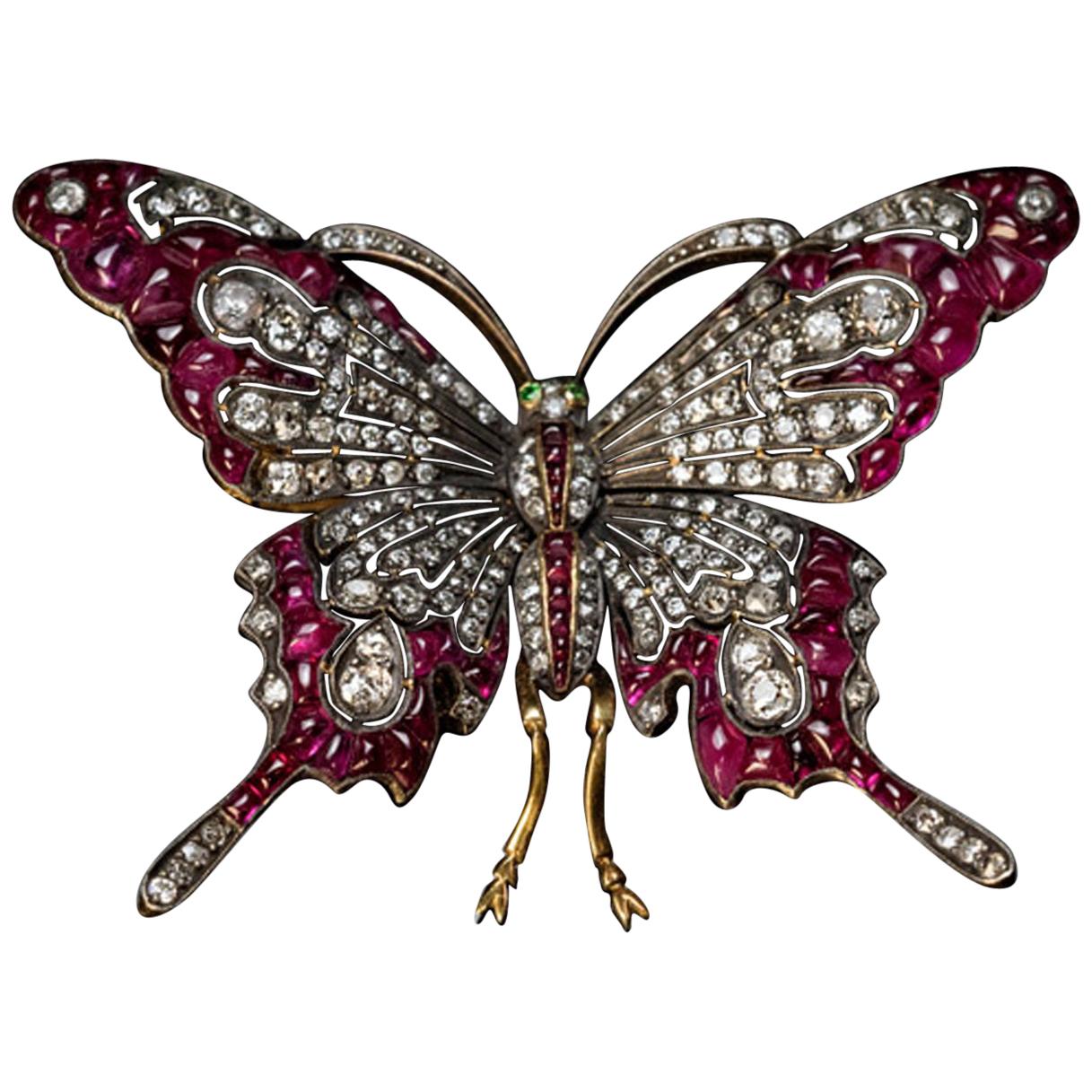 Vintage Diamond and Ruby Large Butterfly Brooch
