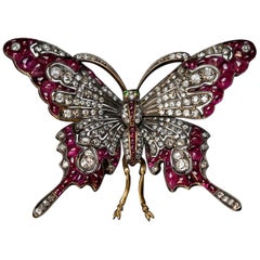 Vintage Diamond and Ruby Large Butterfly Brooch