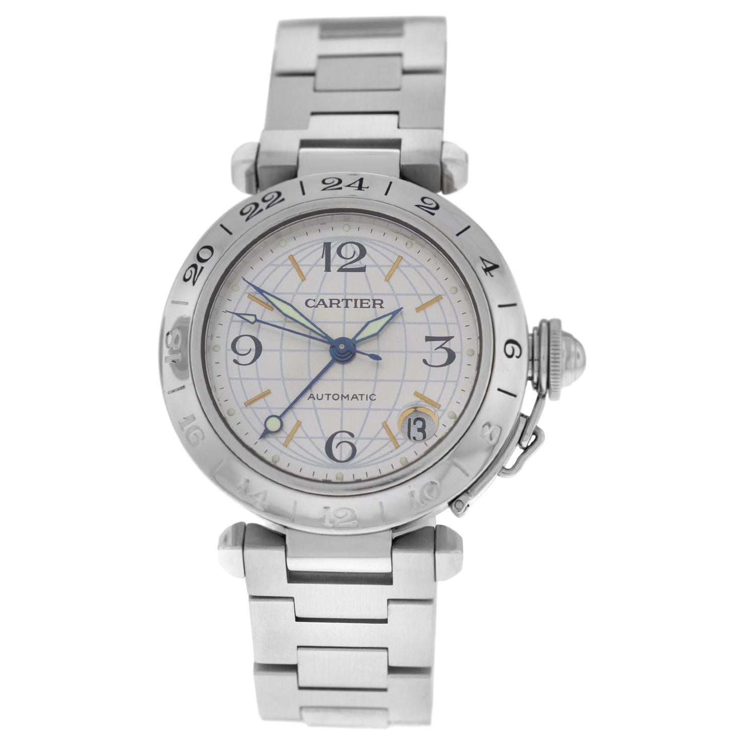 Unisex Midsize Cartier Pasha GMT Steel Date Automatic Watch For Sale