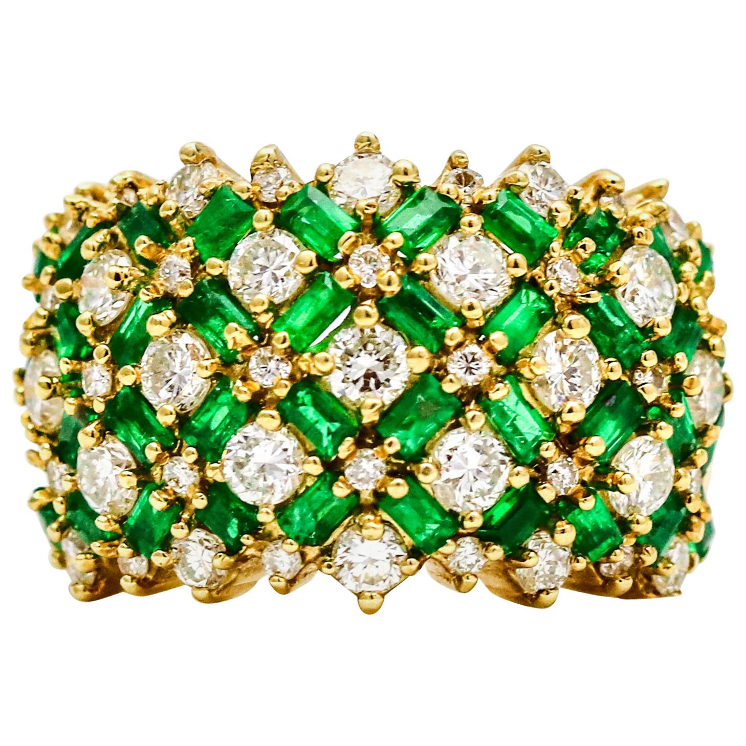 4.10 Carat 14 Karat Yellow Gold Pave Diamond Emerald Wide Band Ring For Sale