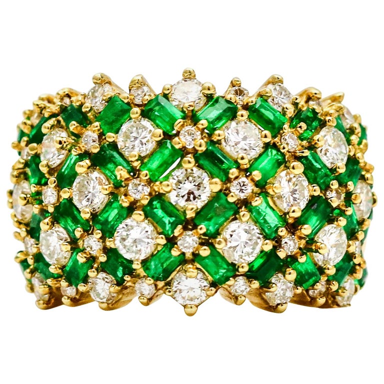 4.10 Carat 14 Karat Yellow Gold Pave Diamond Emerald Wide Band Ring For ...