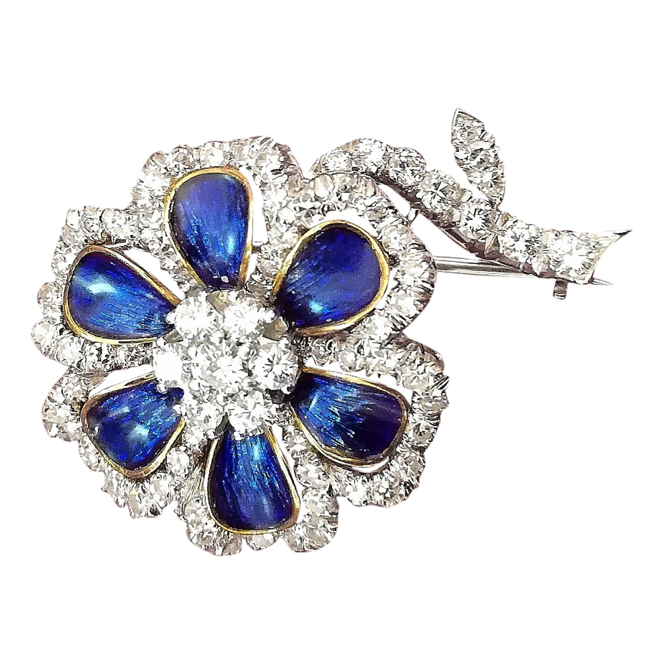 Italian  Flower Shaped Diamond Blue Enamel 60' Brooch For Sale