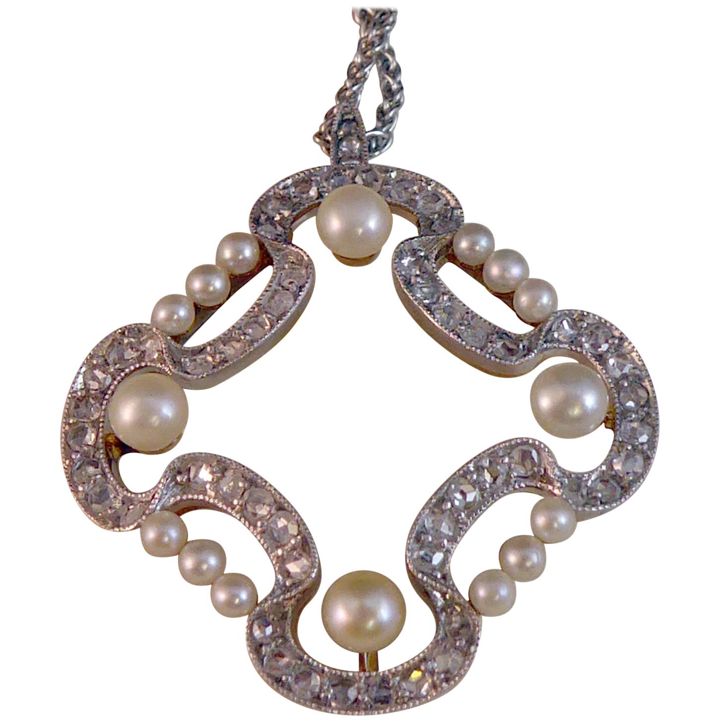 Antique Edwardian Old Cut Diamond and Pearl Pendant, circa 1900s