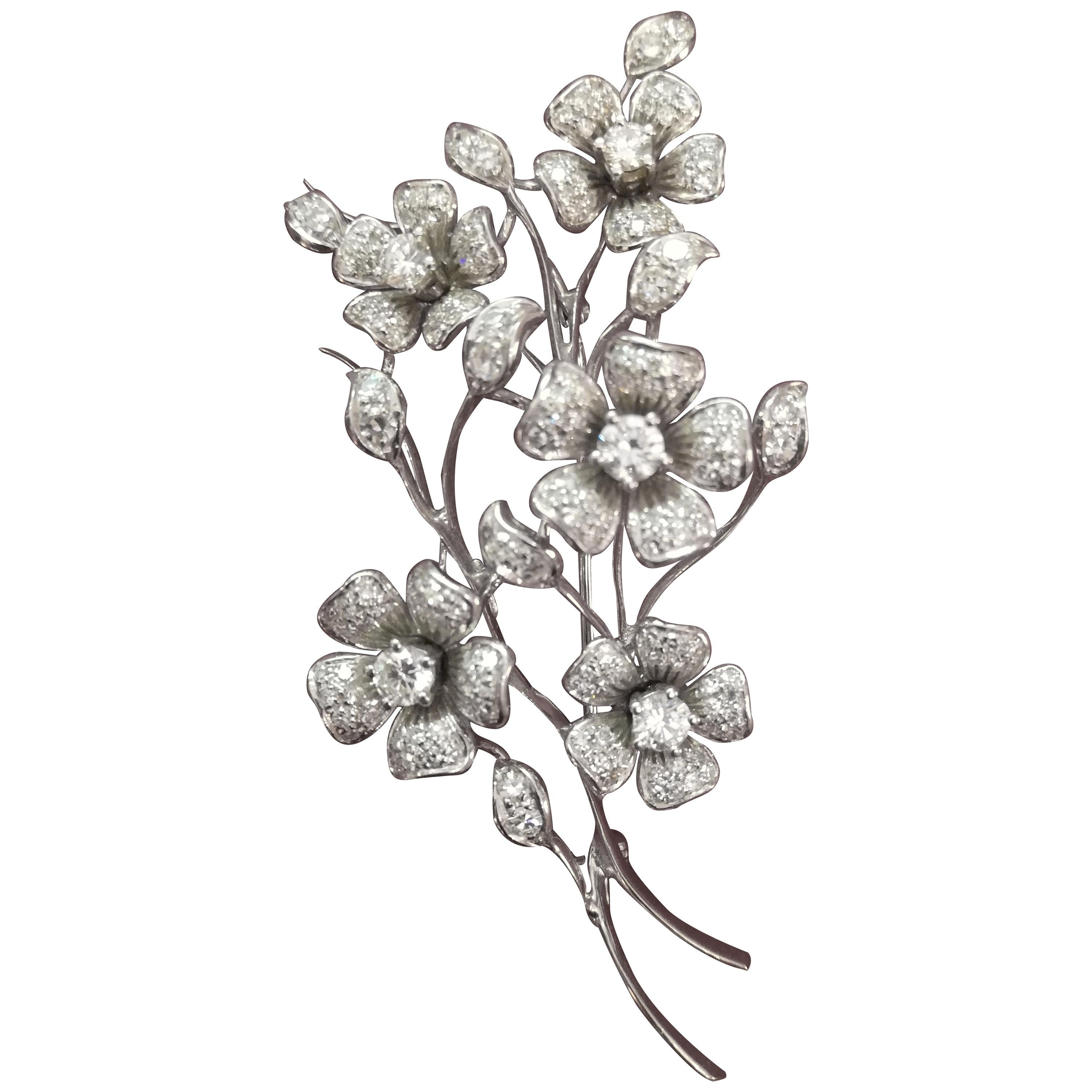 Italian Art Deco Flower Bouquet Diamond White Gold Brooch For Sale