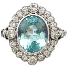 Antique 3.89 carat Aquamarine and 1.20 carat Diamond Platinum Cluster Ring 