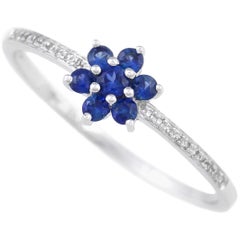 0.30 Carat Natural Blue Sapphire Floral Cluster Ring 20 Diamonds White Gold