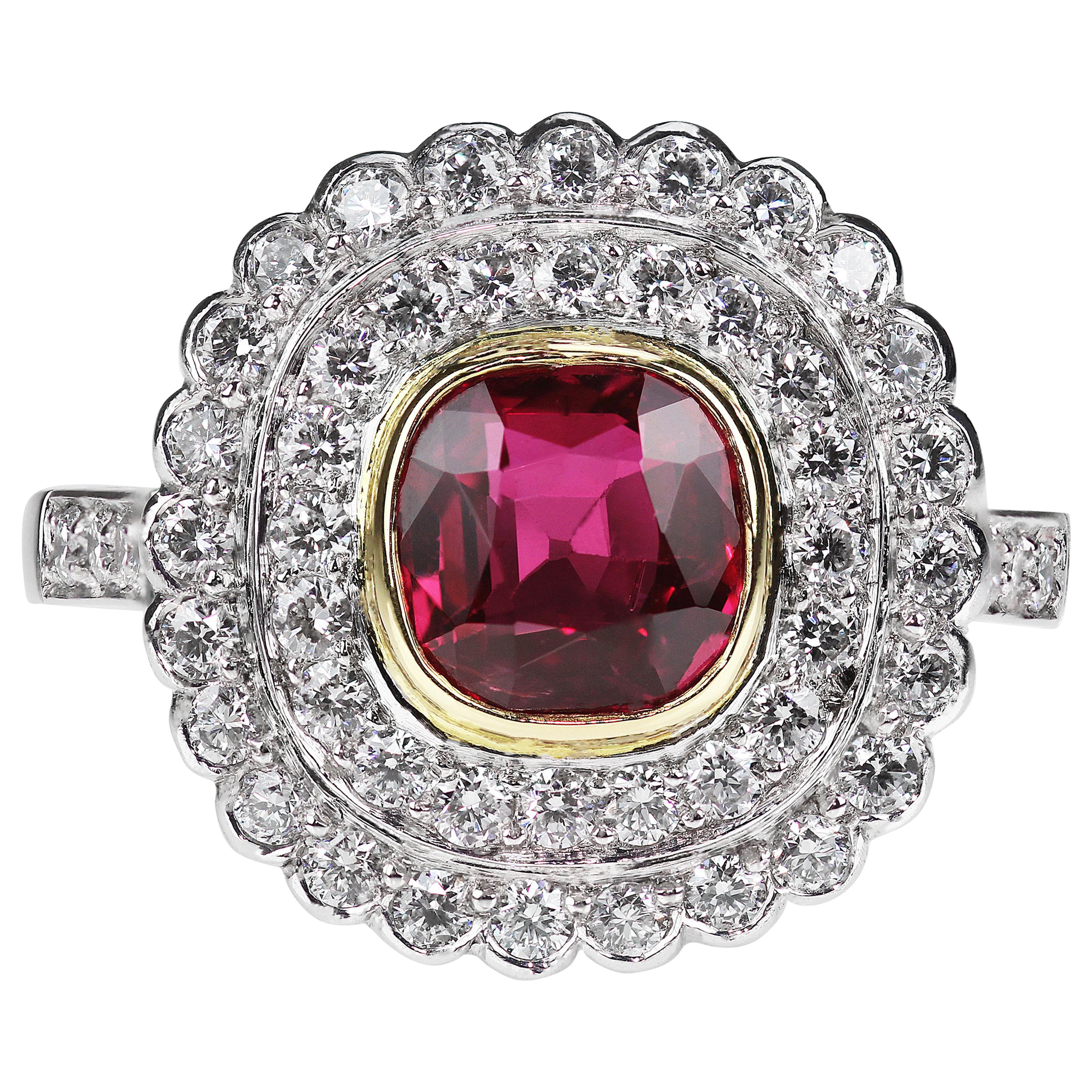 Certified Natural Unheated Pigeon Blood Red Ruby 1.45ct & Diamond Cluster Ring