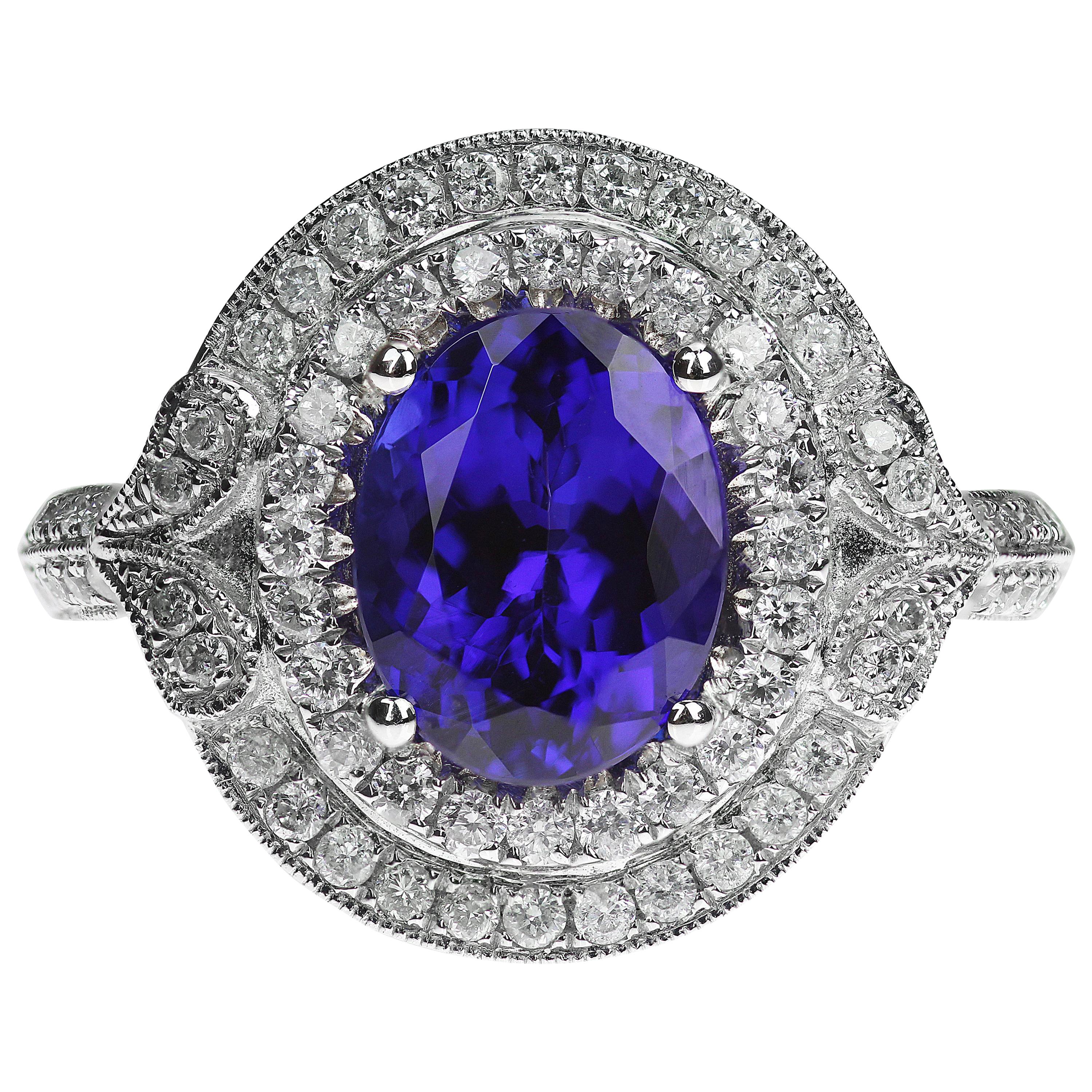 Oval Tanzanite 2.30 Carat and Diamond Fancy Cluster Ring in 18 Carat White Gold