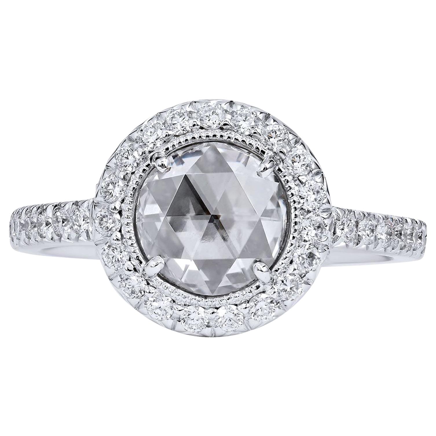  18 kt Palladium Engagement Ring w/ a .89 Carat Rose Cut Diamond Handmade by H&H