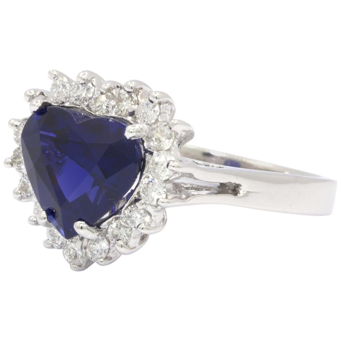 Heart Shaped 3.87 Carat Sapphire and Diamond White Gold Ring For Sale