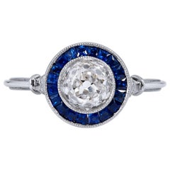 Used Art Deco Style 1.16 Carat Old European Cut Diamond Sapphire Platinum Ring 6.5