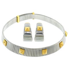 Bulgari Tubogas Earrings and Necklace Set Stainless Steel Yellow Gold, 1980s