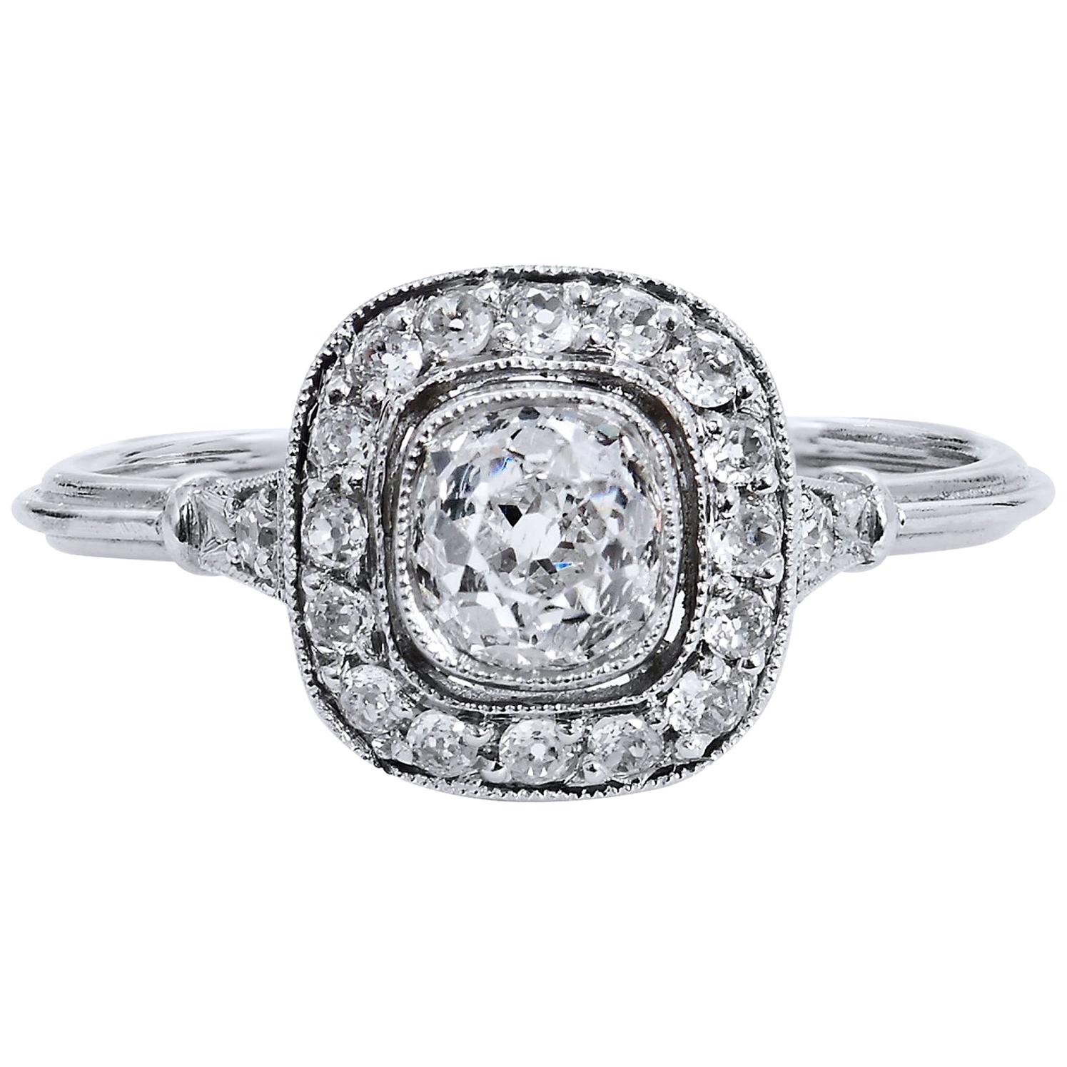 Art Deco Style Old Mine Cut .73 Carat Diamond Platinum Halo Engagement Ring 6.75