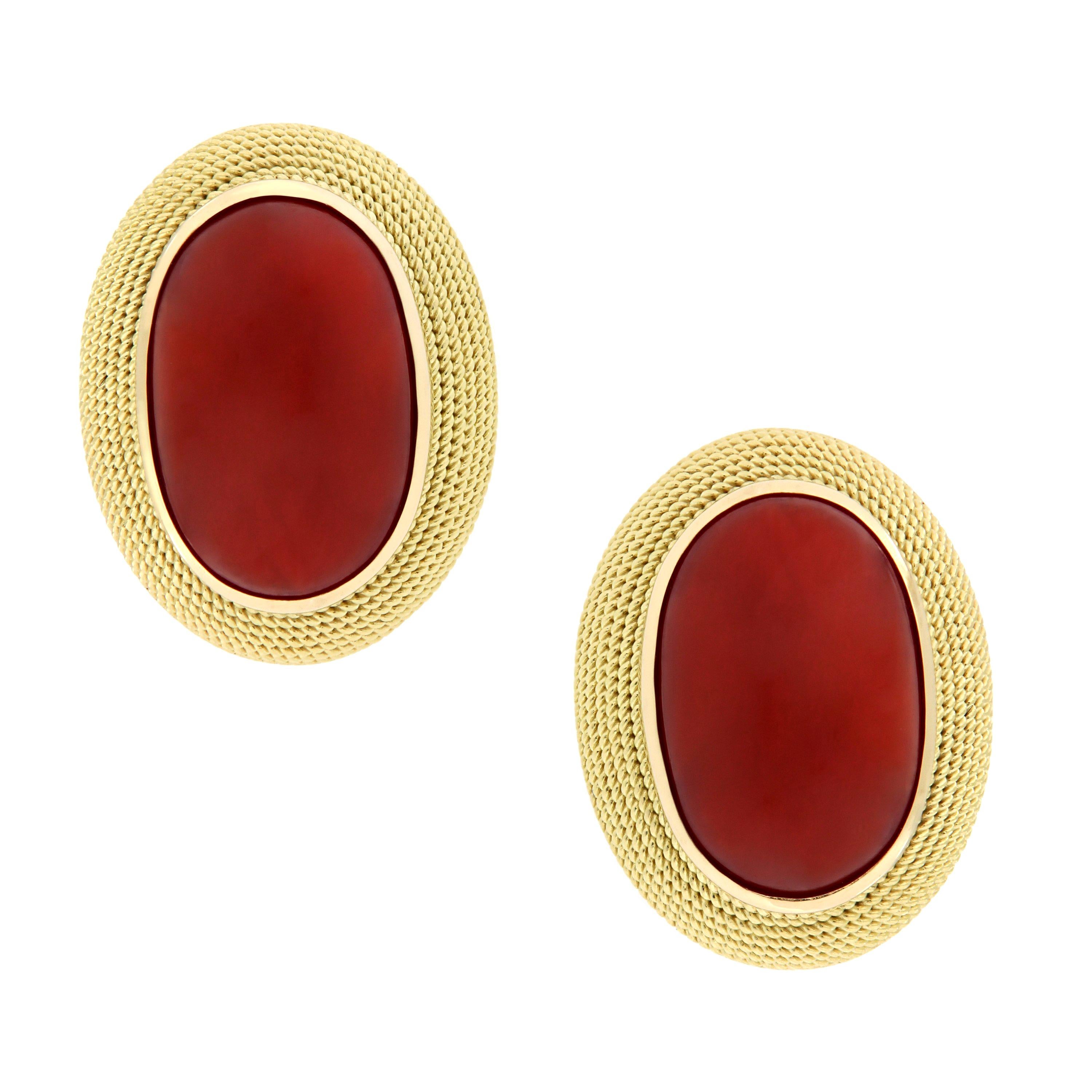 Oval Cabochon Natural Untreated Coral Stud Button Earrings